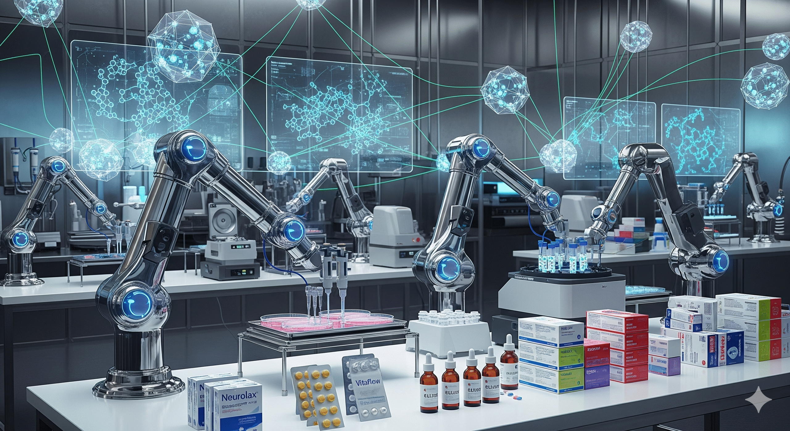 Conceptual image of an AI-driven, automated pharmaceutical supply chain with global logistics connections