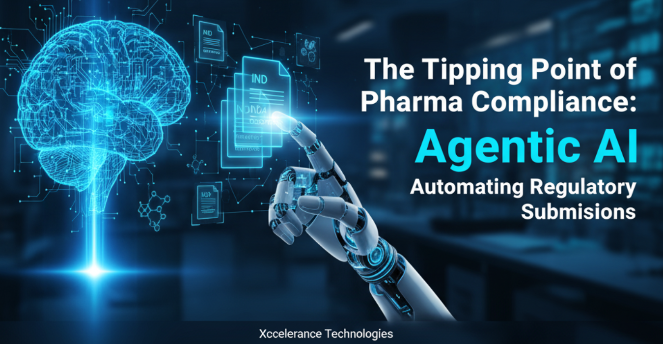 Conceptual image of an AI agent automating pharmaceutical compliance and regulatory documentation