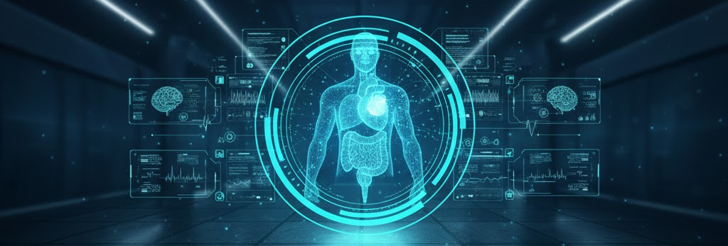 An abstract visualization of agentic AI transforming healthcare workflows and data.