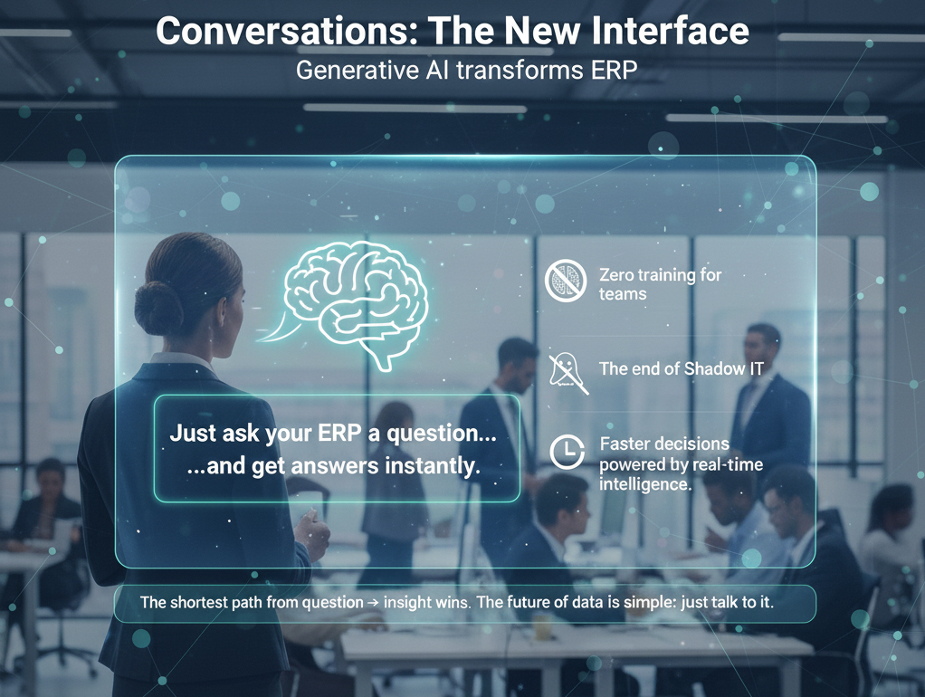 An illustration showing a conversational AI interface unlocking data from a complex ERP system.